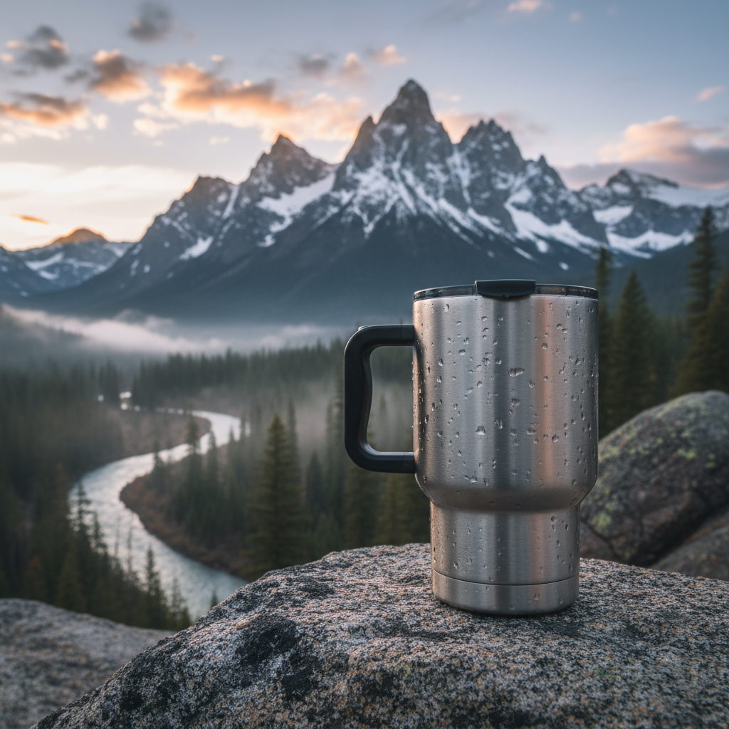 Firefly Gemini Flash Create An Image Of An Insulated Mug On A Rock With The Background Of A Mountain 385725